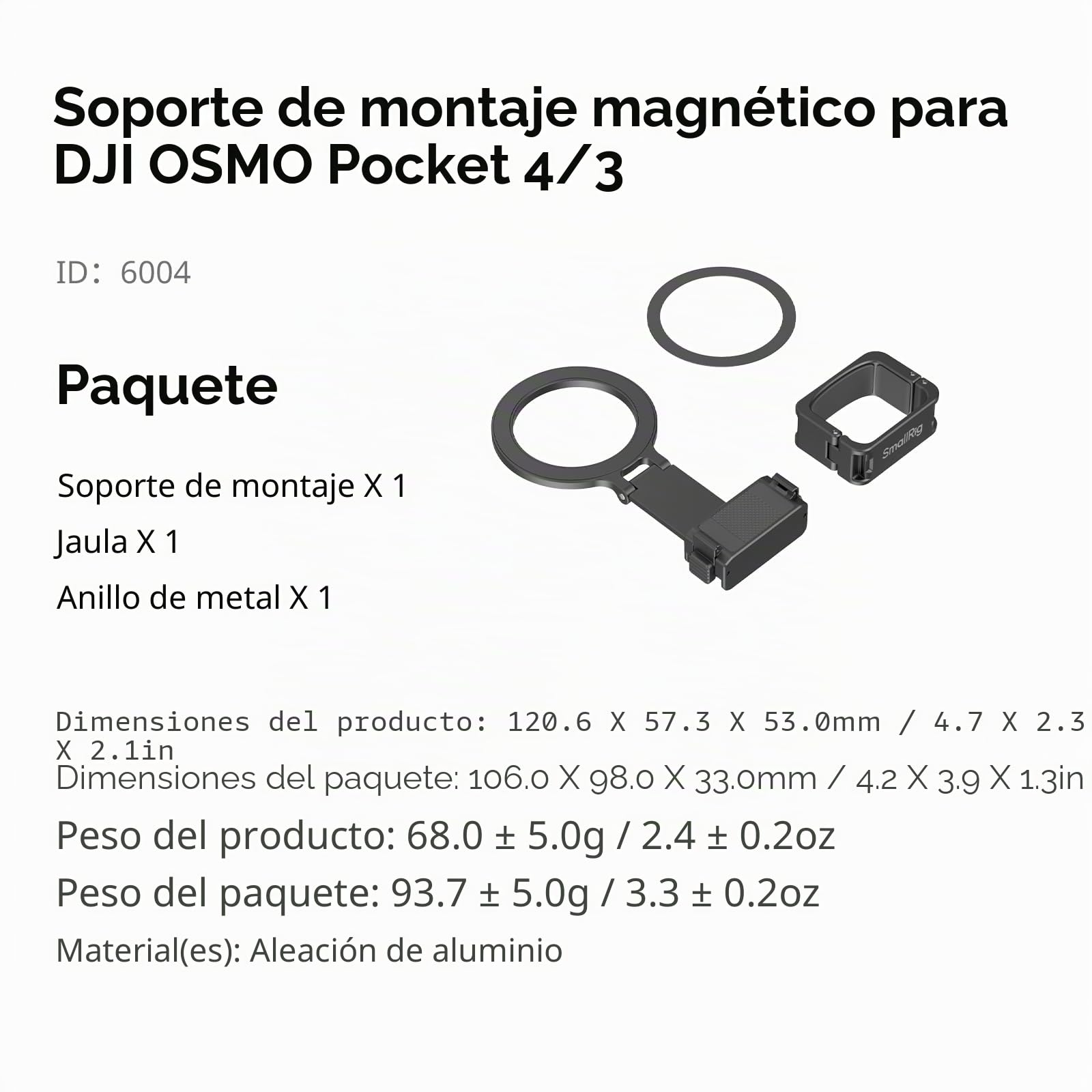 SMALLRIG Soporte magnético para DJI Osmo Pocket 4P/4/3, adaptador de expansión de aleación de aluminio con interfaz bidireccional de liberación rápida, anillo magnético ajustable para teléfono - 6004