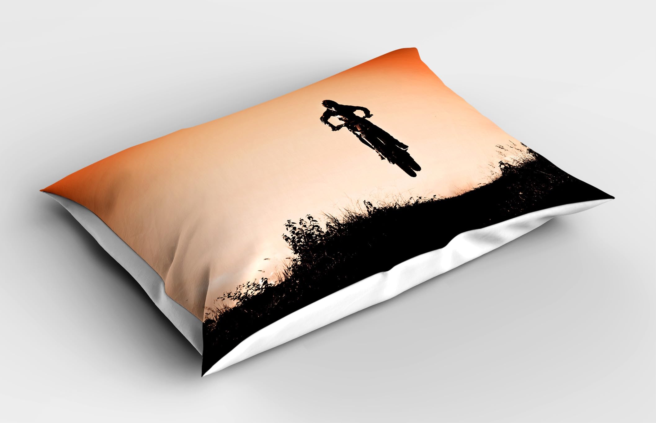 Ambesonne Sports Pillow Sham Set of 2, Silhouette of Motorcycle Over The Hills Horizon Artwork Orangish Sunset, Quality Microfiber Bedding Item for All Seasons, 36