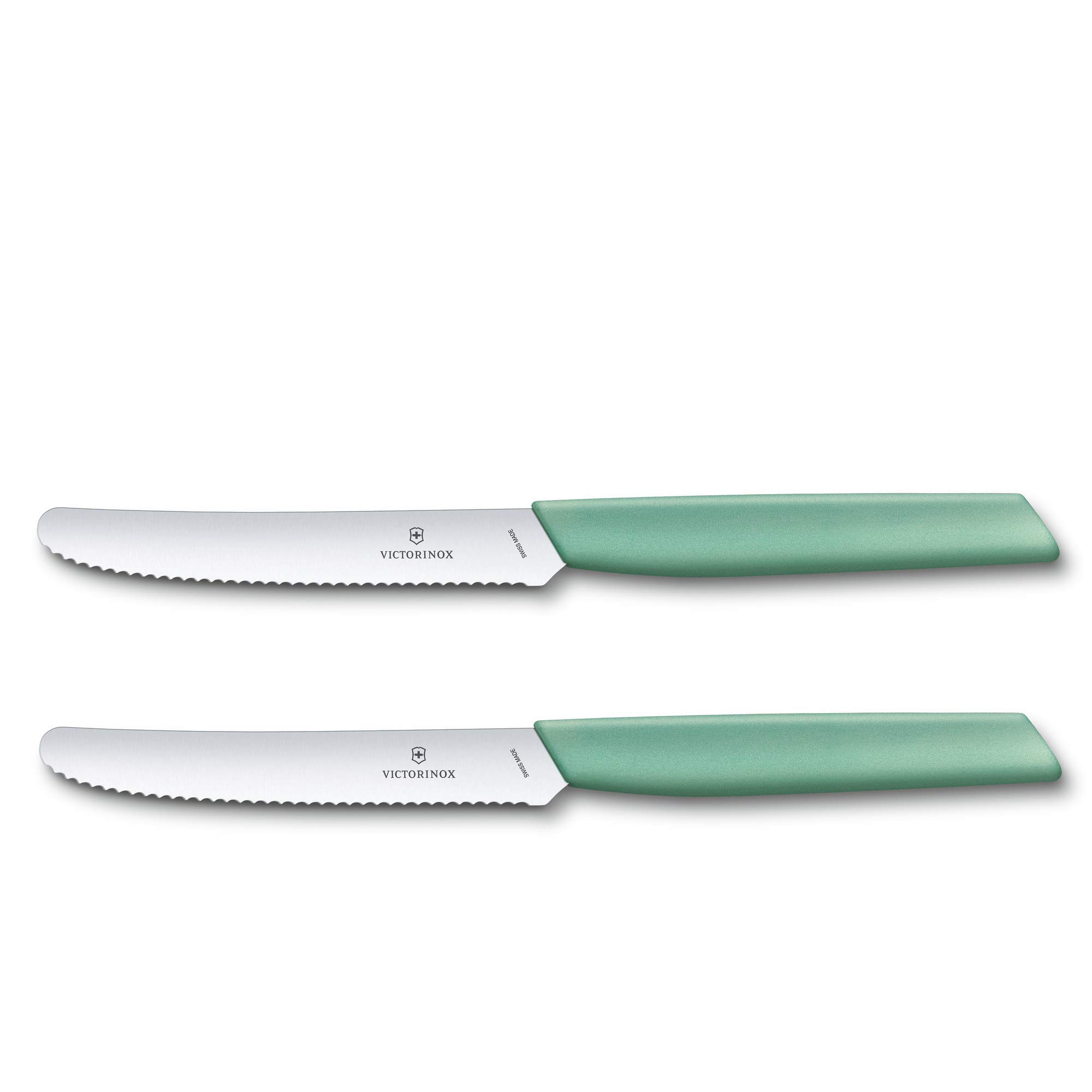 Victorinox Swiss Modern - Juego de cuchillos para verduras (2 piezas, hoja extra afilada, 11 cm, mango de plástico resistente, acero inoxidable, color verde menta)