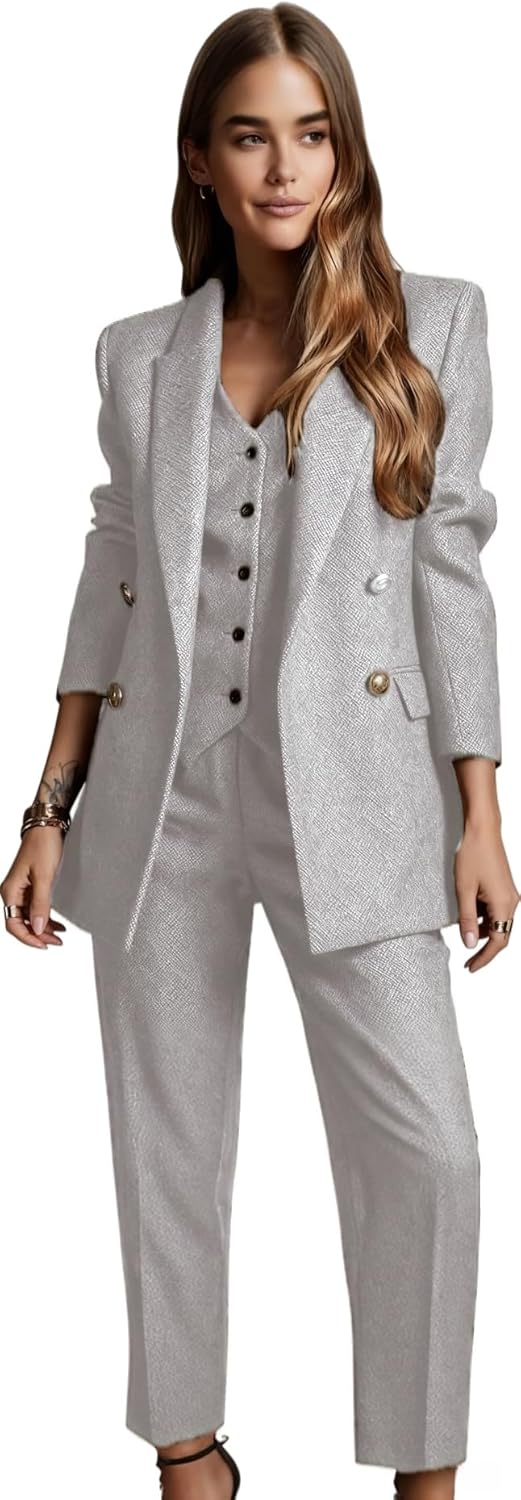 Herringbone Tweed Pants Suits Women 3 Piece Sets Tuxedo Blazer Vest Set Business Professional Outfits