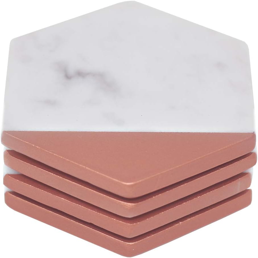Hexagon Marble Rose Gold Painted Coaster Set of 4 Drink Coasters, Bar Coasters or Home Décor