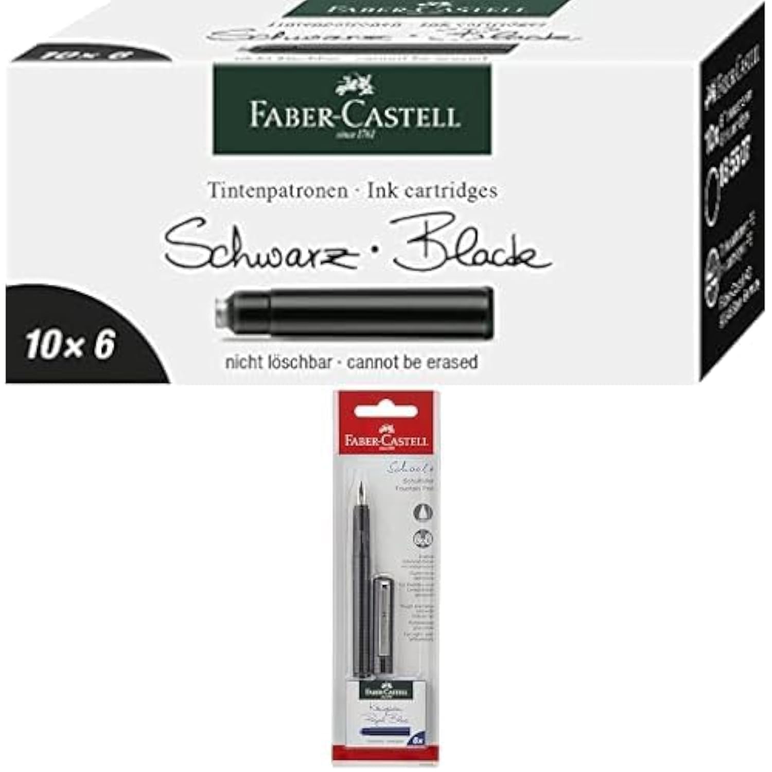 Ink Cartridge Packet Of 6X10Pc Black, Standard, Blue Erasable & Fountain Pen Carbon Design Medium Nib + 6 Blue Ink Cartridges, School+, 149809