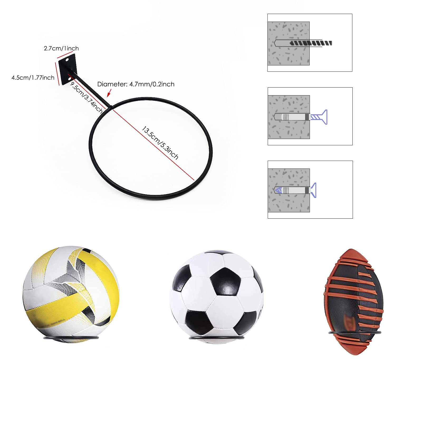 7 Supporti Da Parete Per Palloni - Portapalla In Metallo Per Basket, Calcio, Pallavolo - Foto 3