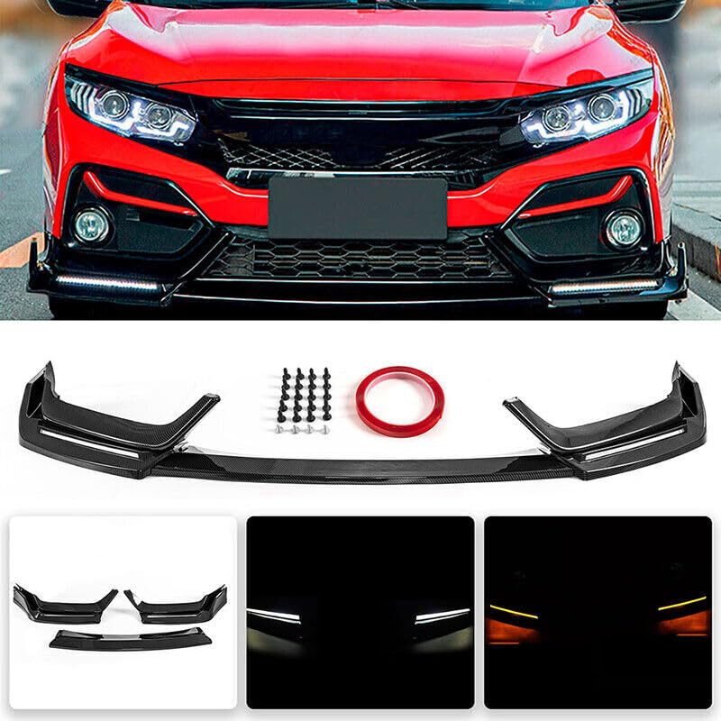 Carbon Fiber Style Front Bumper Lip W/Light Compatible with 2016-2021 Honda Civic Hatchback & Si, Air Dam Spoiler Splitter with LED Daytime Running Lights Fit for 2016 2017 2018 2019 2020 2021
