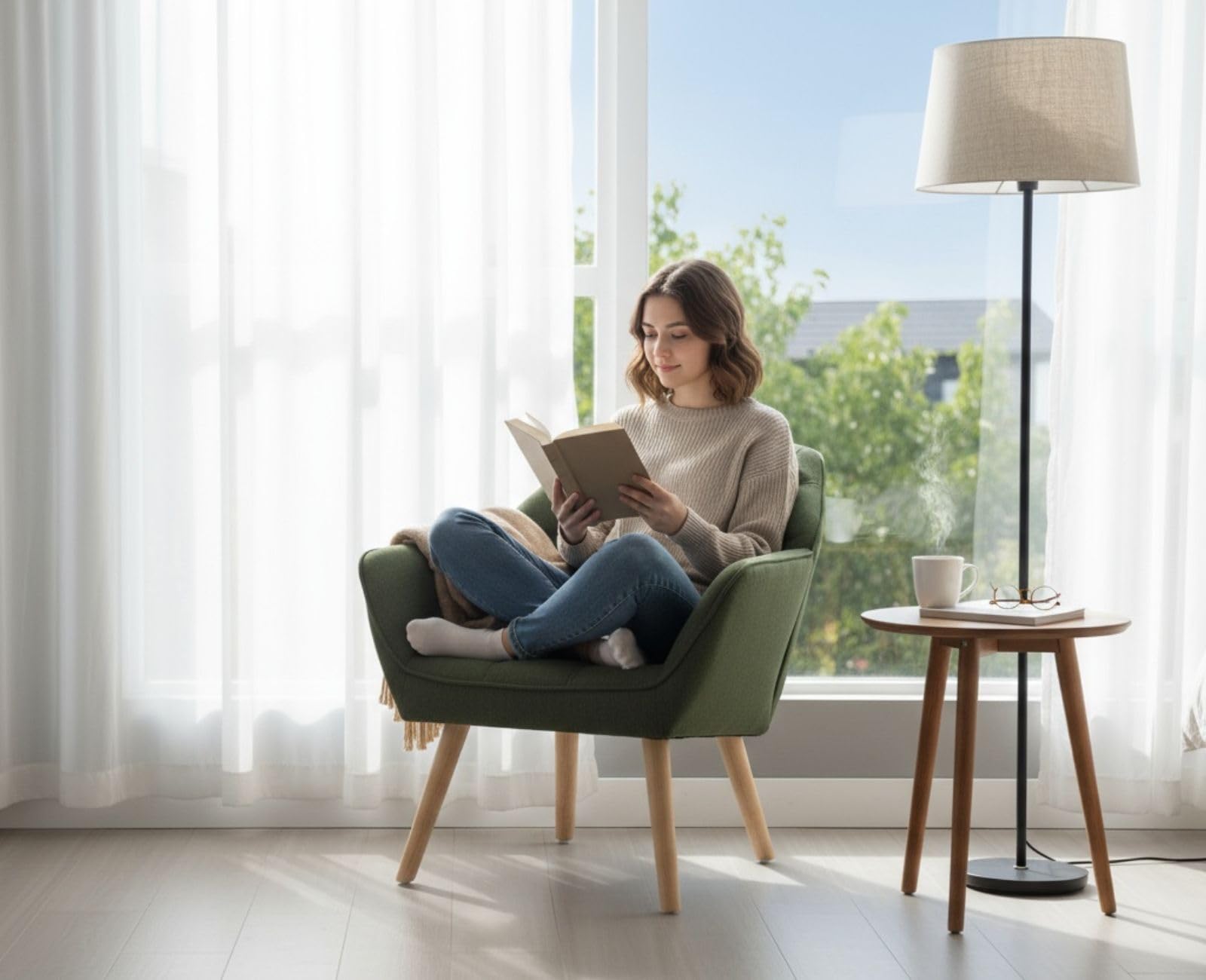 Ya-Home Fauteuil de Salon avec Pieds en Bois Chaise de Salon en Lin Moderne Fauteuil Rembourré pour Chambre, Vert