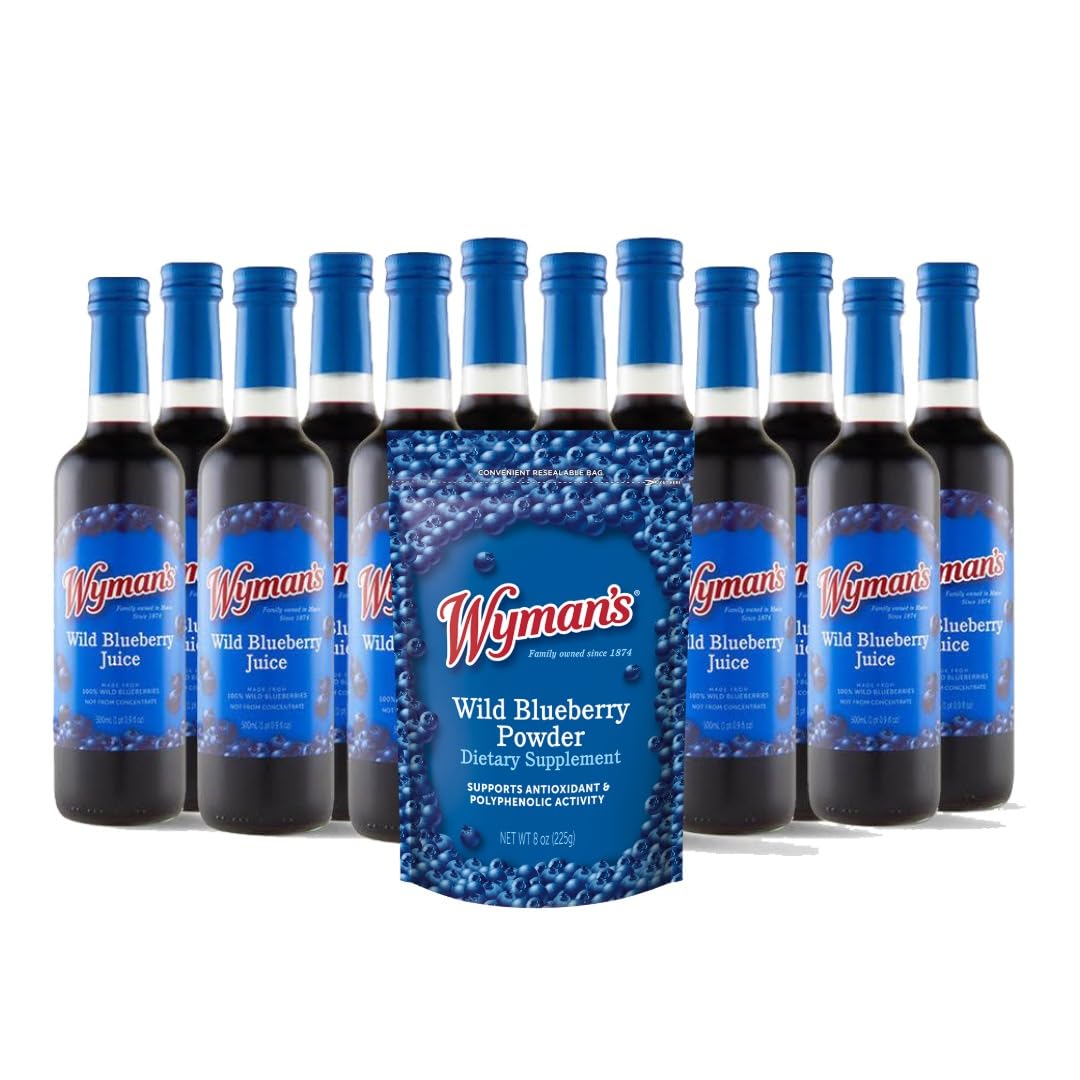 Wyman's Wild Blueberry Juice & Powder Bundle, 12 Bottles + 8oz Powder