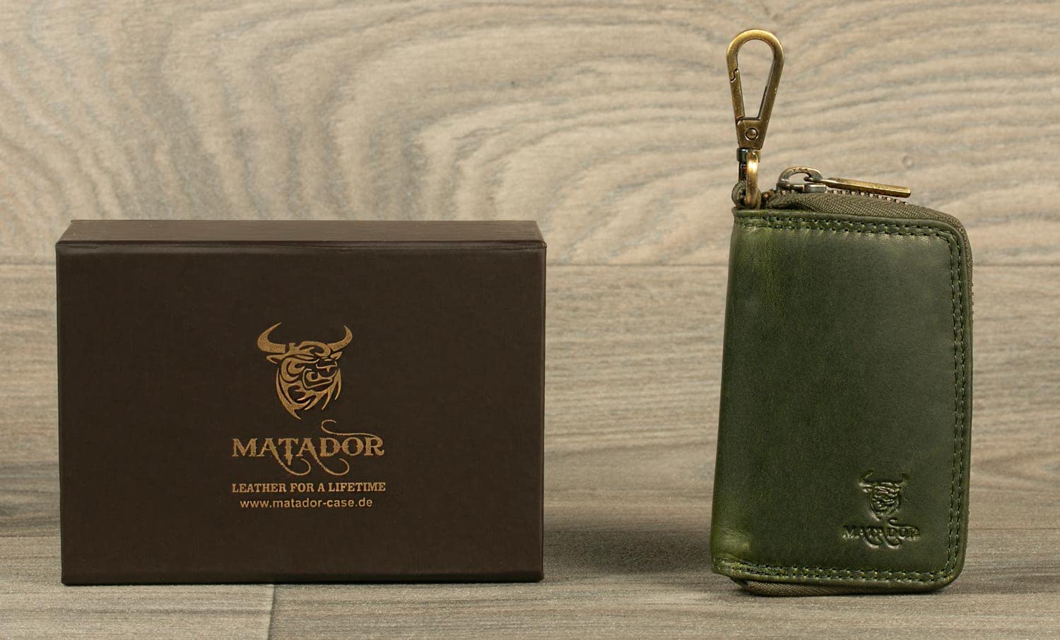 MATADOR Mini Pochette Rangement - Sac pour Clef en Cuir Véritable | Etui à Clé avec Femeture Éclair en Métal et Mousqueton | Porte Clés Clef Protection Organiseur avec Boîte Cadeau Elegant Vert