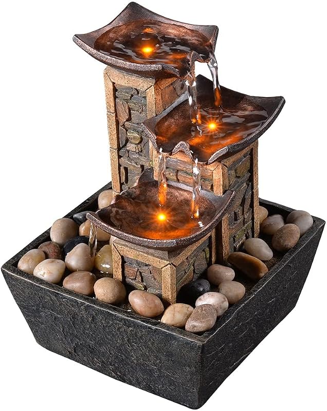 Indoor 3-Tier Tabletop Water Fountain with Soothing Sound, Simulation Stone Pillar Design, Natural River Rocks, Reflective Lighting for Meditation and Relaxation
