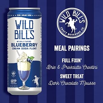 Wild Bills Zero Sugar Blueberry Cream Soda Naturally Sweetened with Stevia & Monk Fruit, No Artificial Flavors, Colors or Preservatives, Zero Calorie, 12 oz Cans (12 Pack)