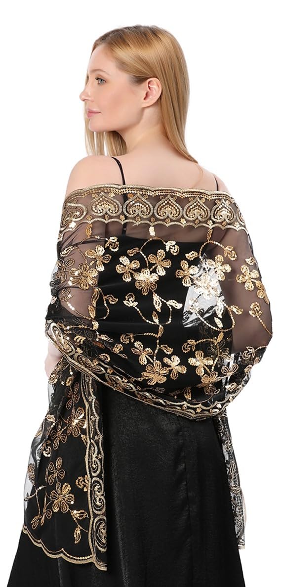 Central Chic Sequin Shawl Pashmina Wrap Scarf Cover Up Wedding Bridal Bridesmaids Dresses Wrap Sequin Scarves (Gold/Black)