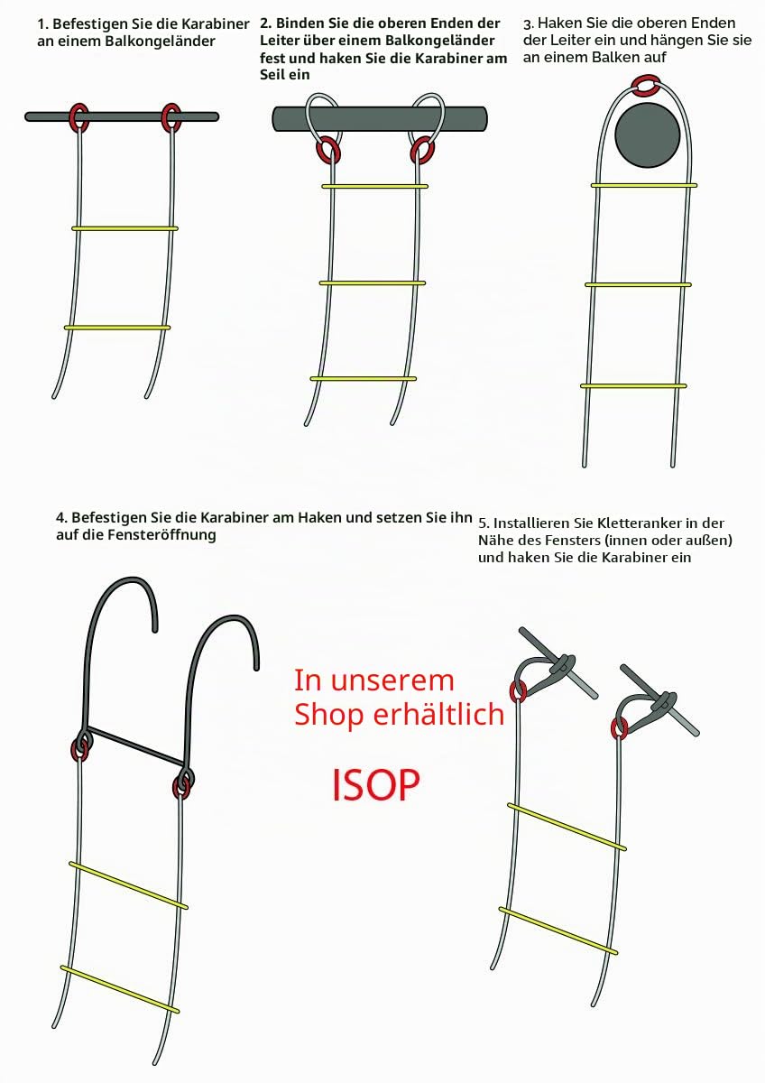 ISOP Feuerfeste Rettungsleiter - Feuerleiter für Notfälle 2.5 m (8 Fuß) schwer Sicherheitsleitern mit Haken - Kompakt und Leicht - Wiederverwendbar - Tragkraft bis zu 900 kg