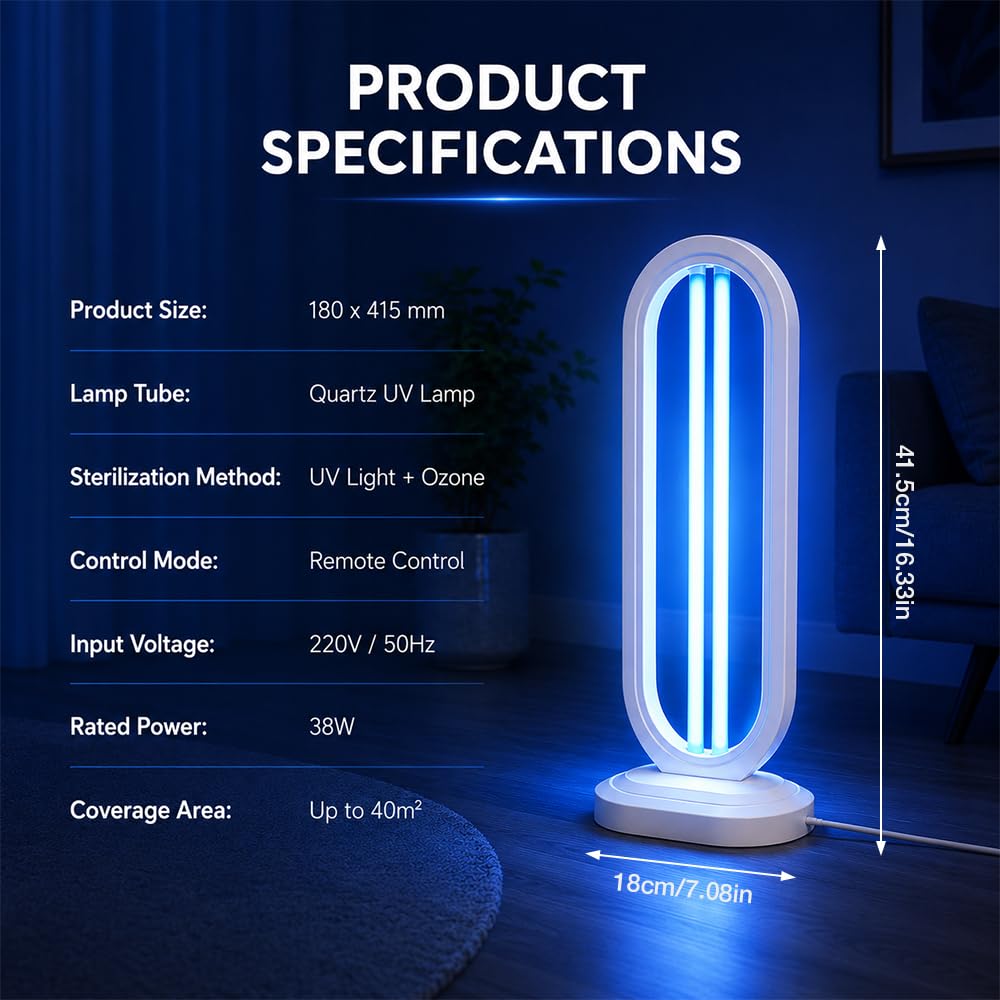 UVC Lampe, UV Lampe Desinfektion 38W mit Ozongeneration, UV Desinfektionsgerät für Räume von 40 m², 220V UVC Licht für Badezimmer, Schlafzimmer, Küche, Büro, Hotel