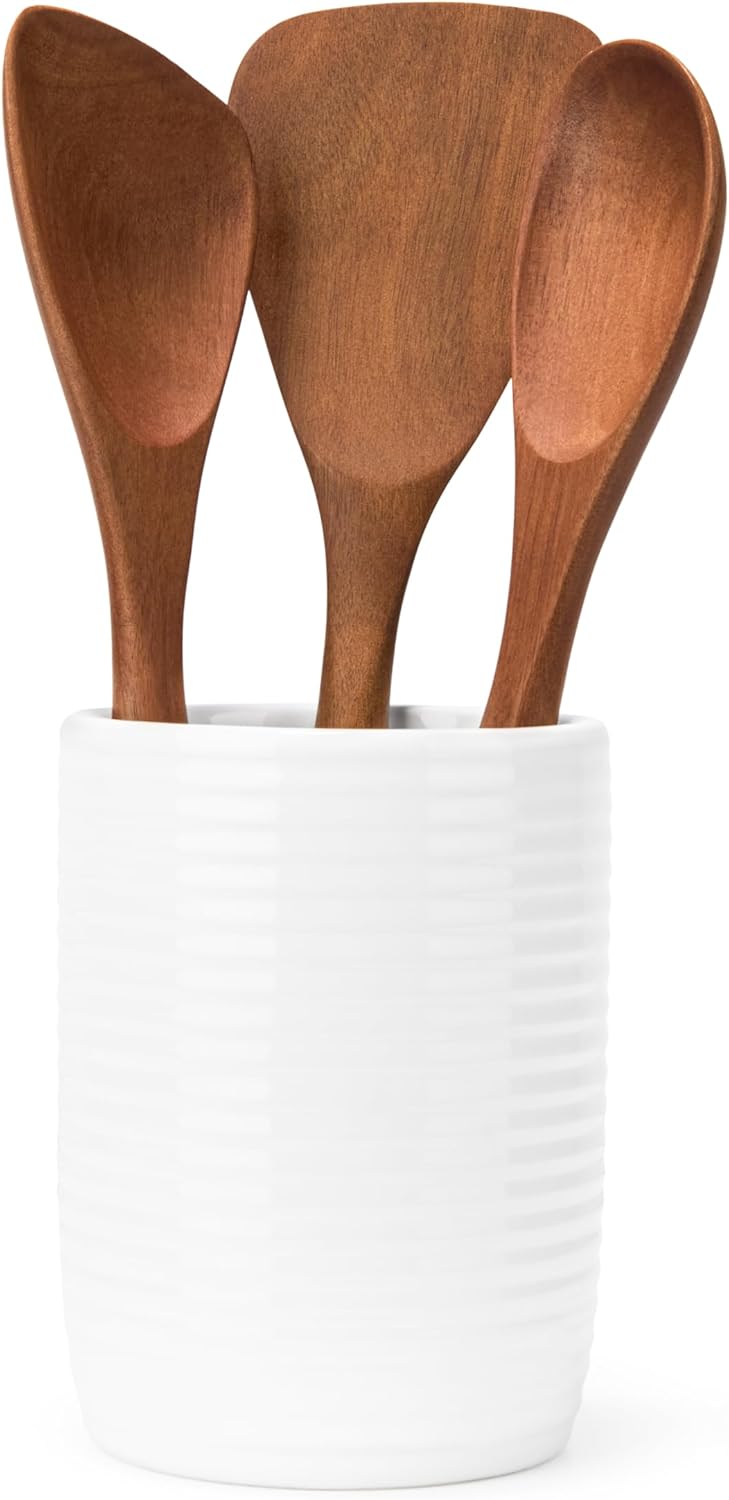 Nambe x Tom Papa Breaking Bread Canister with Acacia Wood Utensils - Contemporary Stoneware Kitchen Tool Holder, Includes Round Spoon, Flat Spoon & Spatula - Modern Baking & Cooking Tools