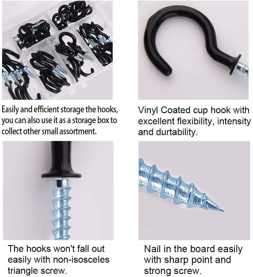 ECKJ Cup Hooks Assorted Kit with Plug 80PCS Vinyl Coated Ceiling Hook 1/2" 5/8" 3/4" 7/8" 1" 1-1/4" C Hook Screw in Wall for Hanging Plants, String Light, DIY Christmas Ornaments Black