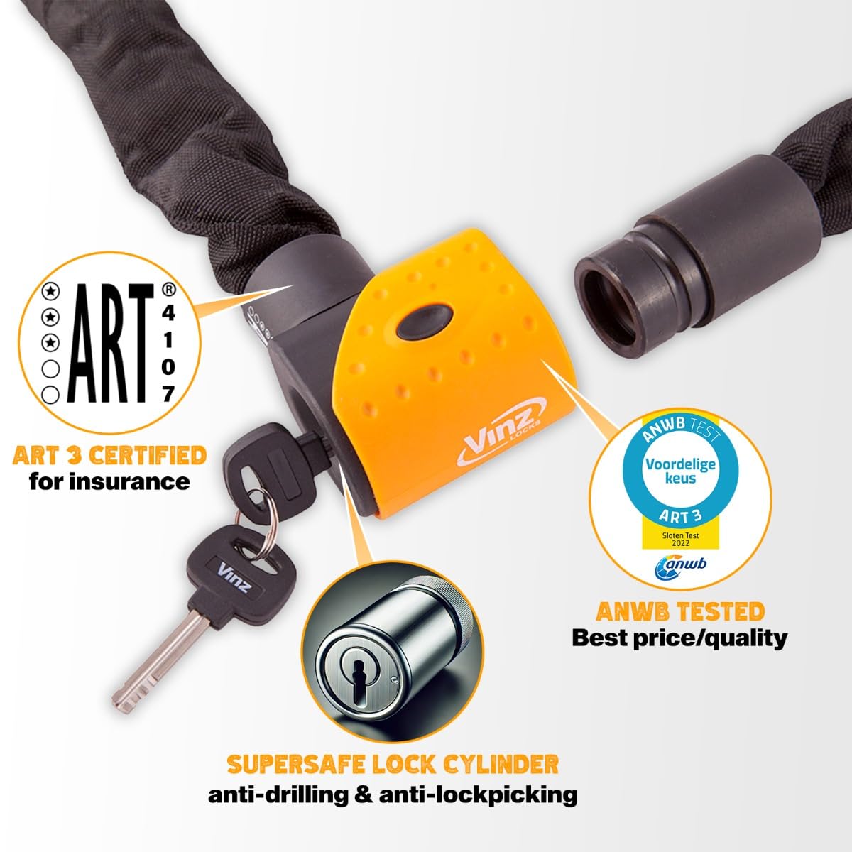 VINZ Jannu Candado de Scooter | Antirrobo con Llave | Homologada ART 3 | Testado Acero Endurecido ø10mm | Candado de Cadena para Motos & Scooters - 100cm