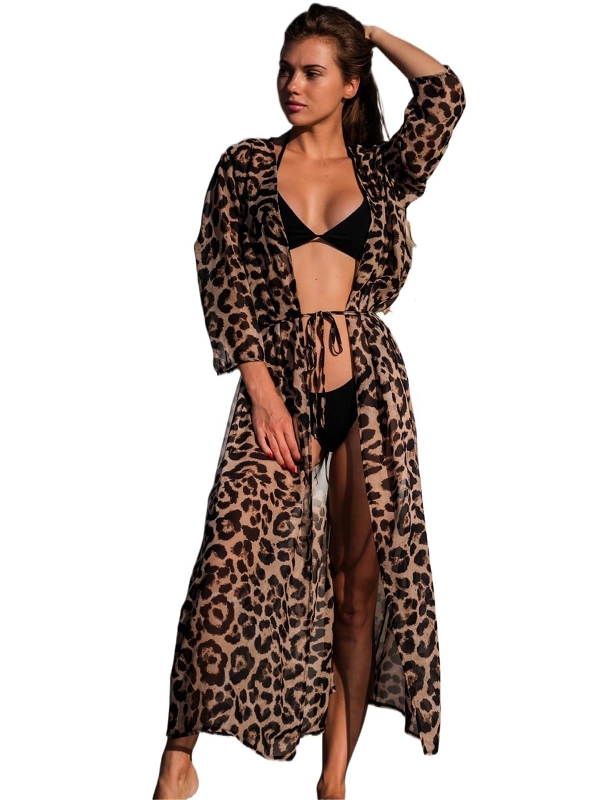 Langes Strandkleid aus Chiffon Strandkleid mit Leopardenmuster, Chiffon-Vertuschungen, Badebekleidung, Sommer-Beachwear for Damen, langes Kleid