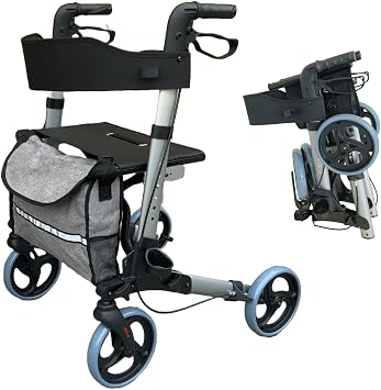 Lightweight Folding Four Wheel Rollator | Weighs only 7.78kg | Rollator Walker with Seat | Indoor & Outdoor | Adjustable Height | Mobility Walker | Mobility Aids | Walking Frame | Walking Aids