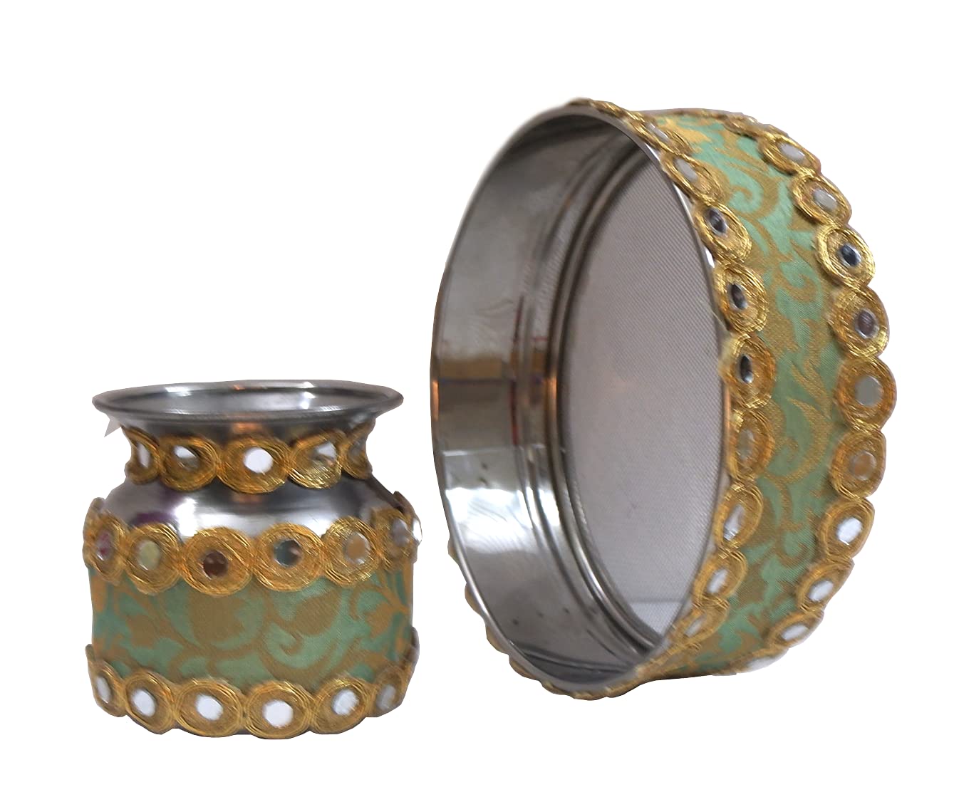 Loops n knots Karwachauth/Karwa Chauth/Karwachauth Handcrafted Green Puja/Pooja Decorative Lota/Pot &Channi/Sieve (kcc124)