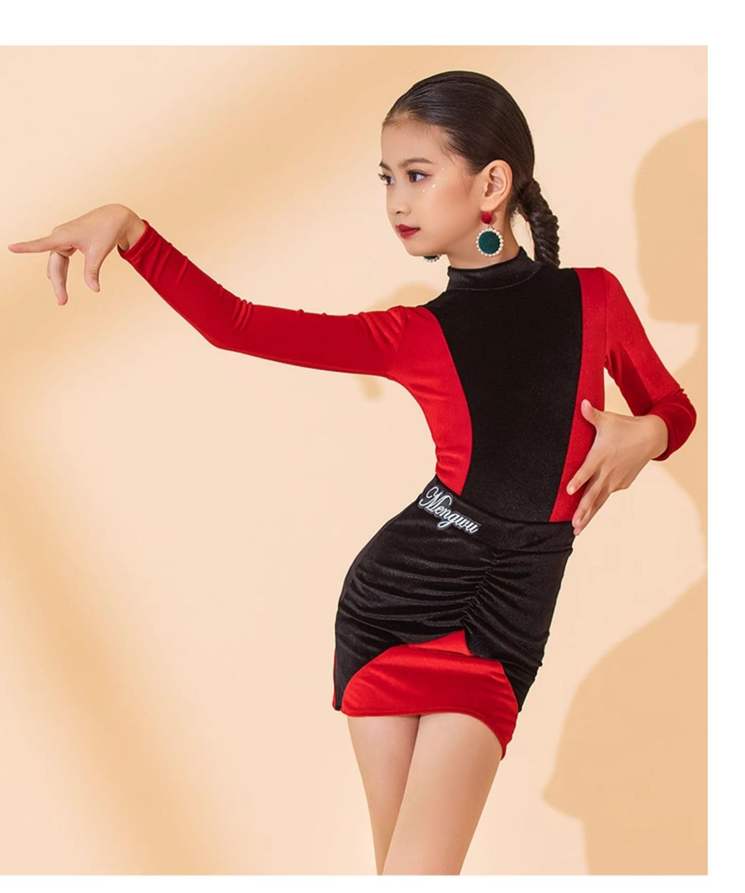 Vestidos para Niñas, Vestido de Baile Latino de Manga Larga, Vestido de Baile de Salón, Ropa de Escenario para Niñas, Ropa de Baile, Vestido de Competición, Elegante Lírico (160 cm)