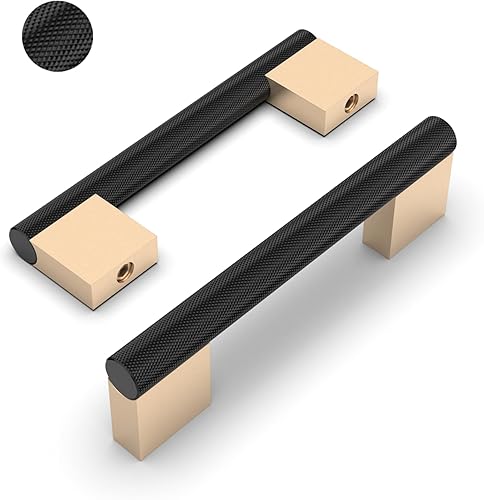Paquete de 6 tiradores de gabinete de 7.5 pulgadas en negro mate y dorado, manijas moleteadas para gabinetes de cocina, tiradores de cajón,