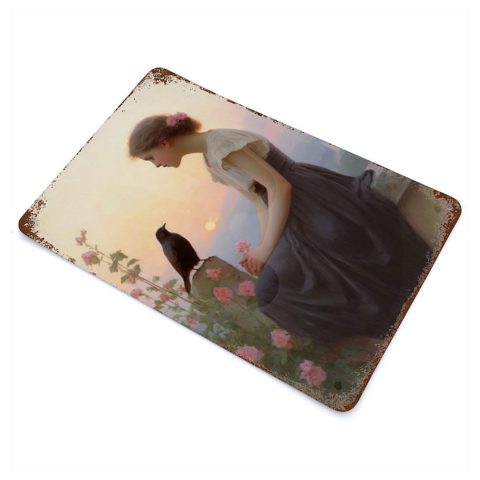 Girl And Bird at Sunset Decorative Tin Sign 11.8"x7.9", for Bistro, Counter And Cafe Decor, Retro Wall Decor
