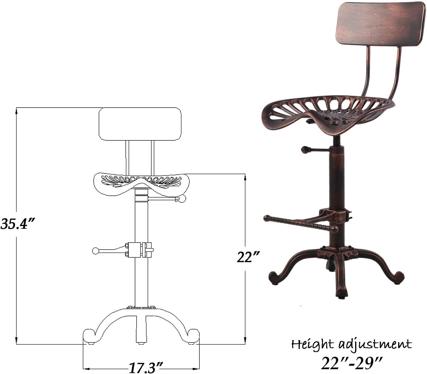 Diwhy Industrial Design Metal Adjustable Height Backrest Chair Vintage Tractor Saddle Bar Stool Copper