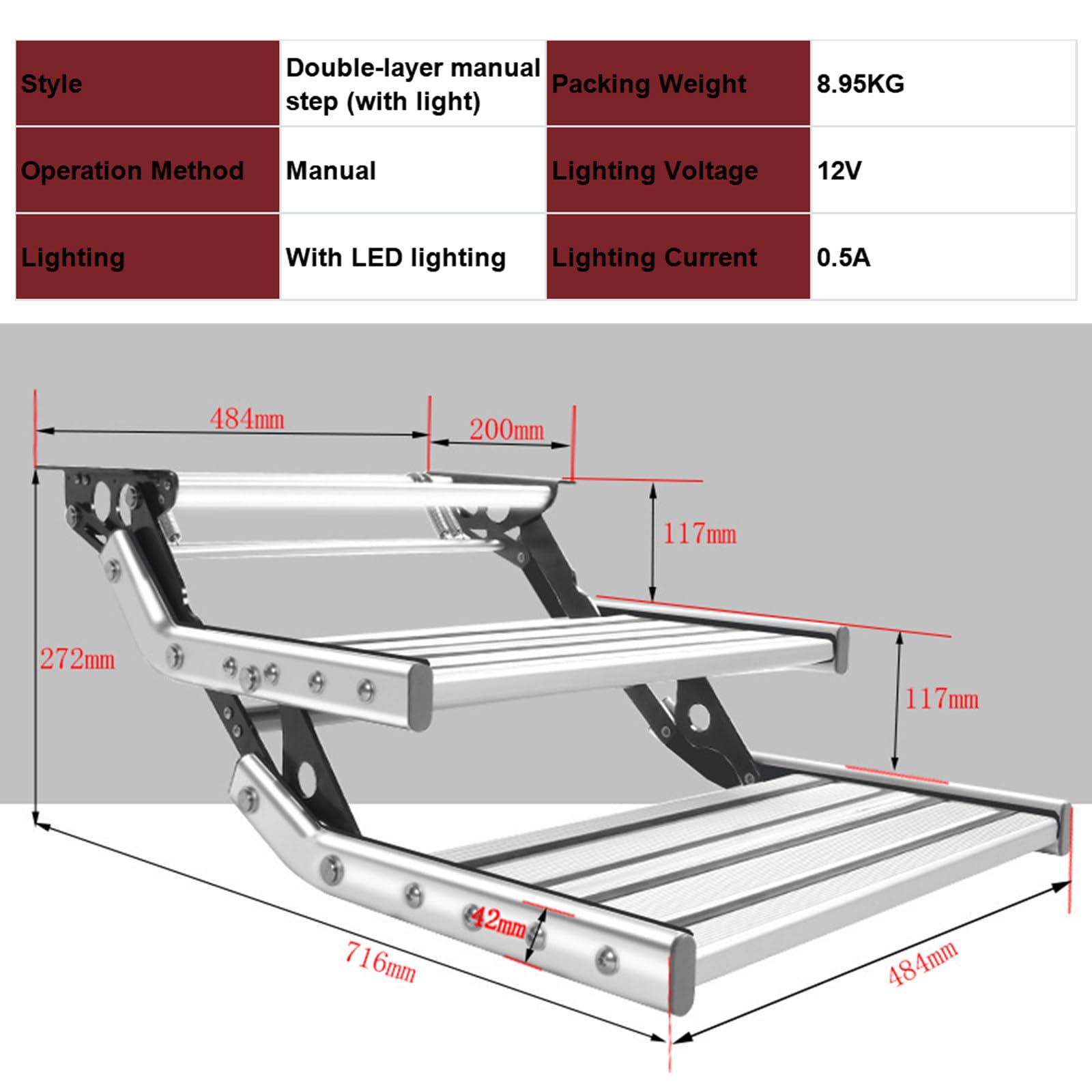 Wohnmobiltreppe, Faltbare, herunterklappbare manuelle elektrische Treppe, Wohnmobil-Tritthocker, Wohnmobil-Einstiegstreppe, 200 kg Tragkraft, eloxiert, mit LED-Licht 2-Step-Manualwithlight