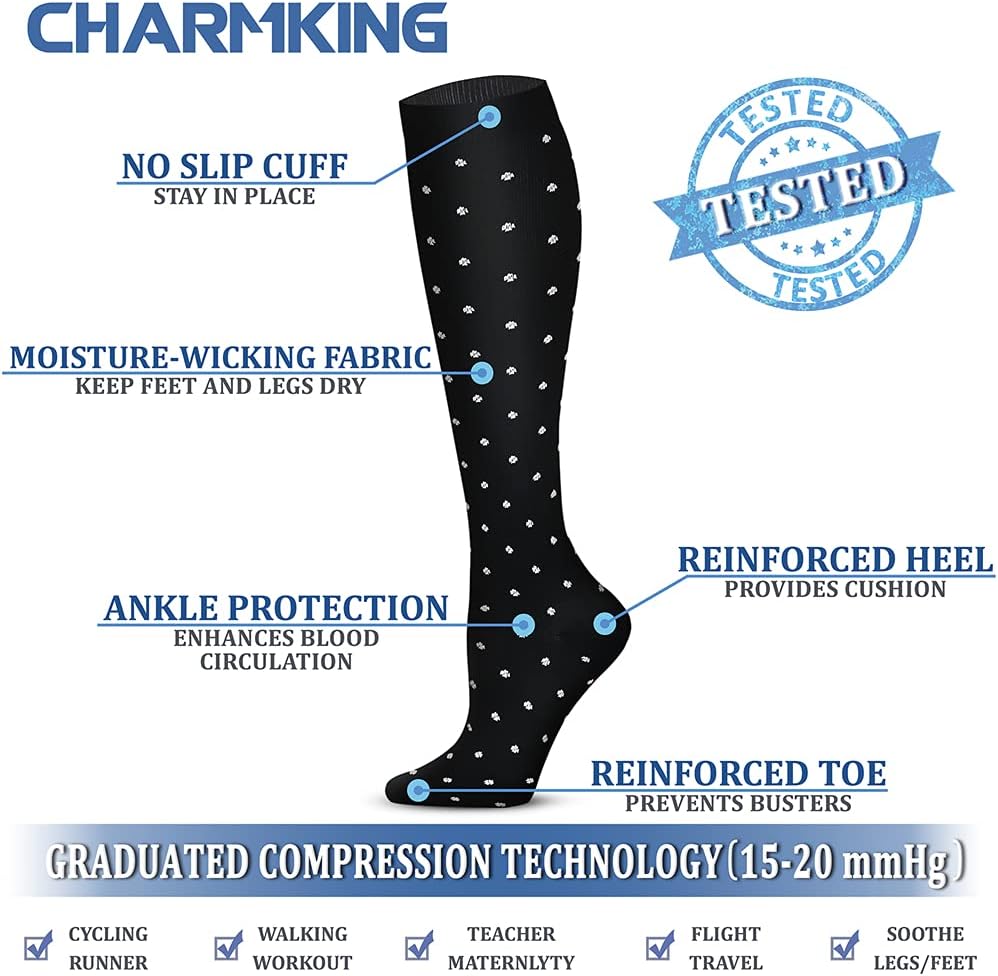 CHARMKING 6 Pairs-Compression Socks for Women & Men Circulation Best Support for Nurses, Running, Athletic,Flight Travel