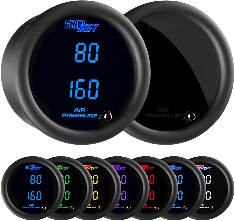 GlowShift Tinted 7 Color Dual Digital 220 PSI Air Pressure Gauge Kit - for Air Ride Suspension Systems - Includes 2 Electronic Sensors - Multi-Color LED Display - Smoked Lens - 2-1/16" 52mm