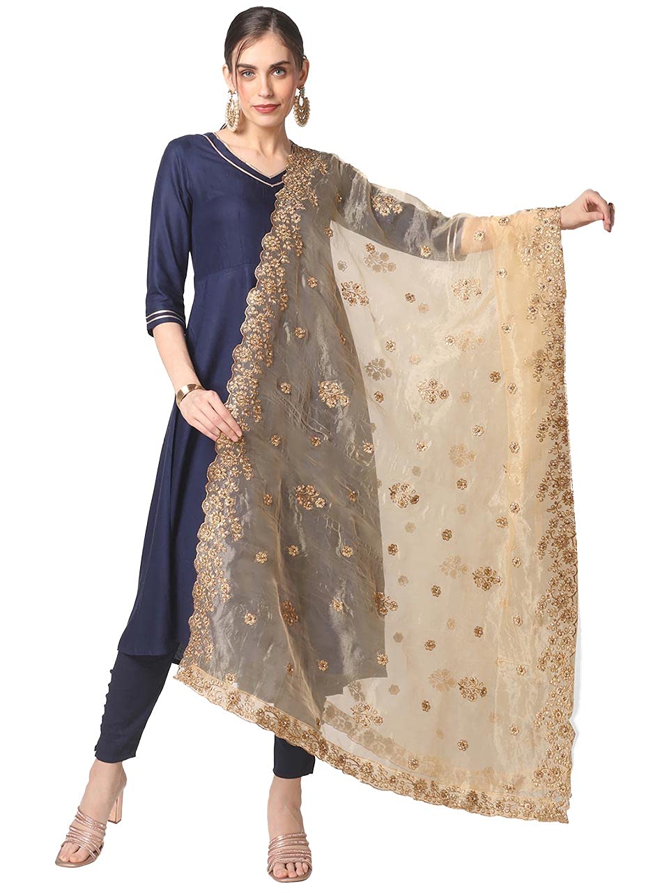 Women's Embroidered Gold Glass Tissue Dupatta Free Size-image-44