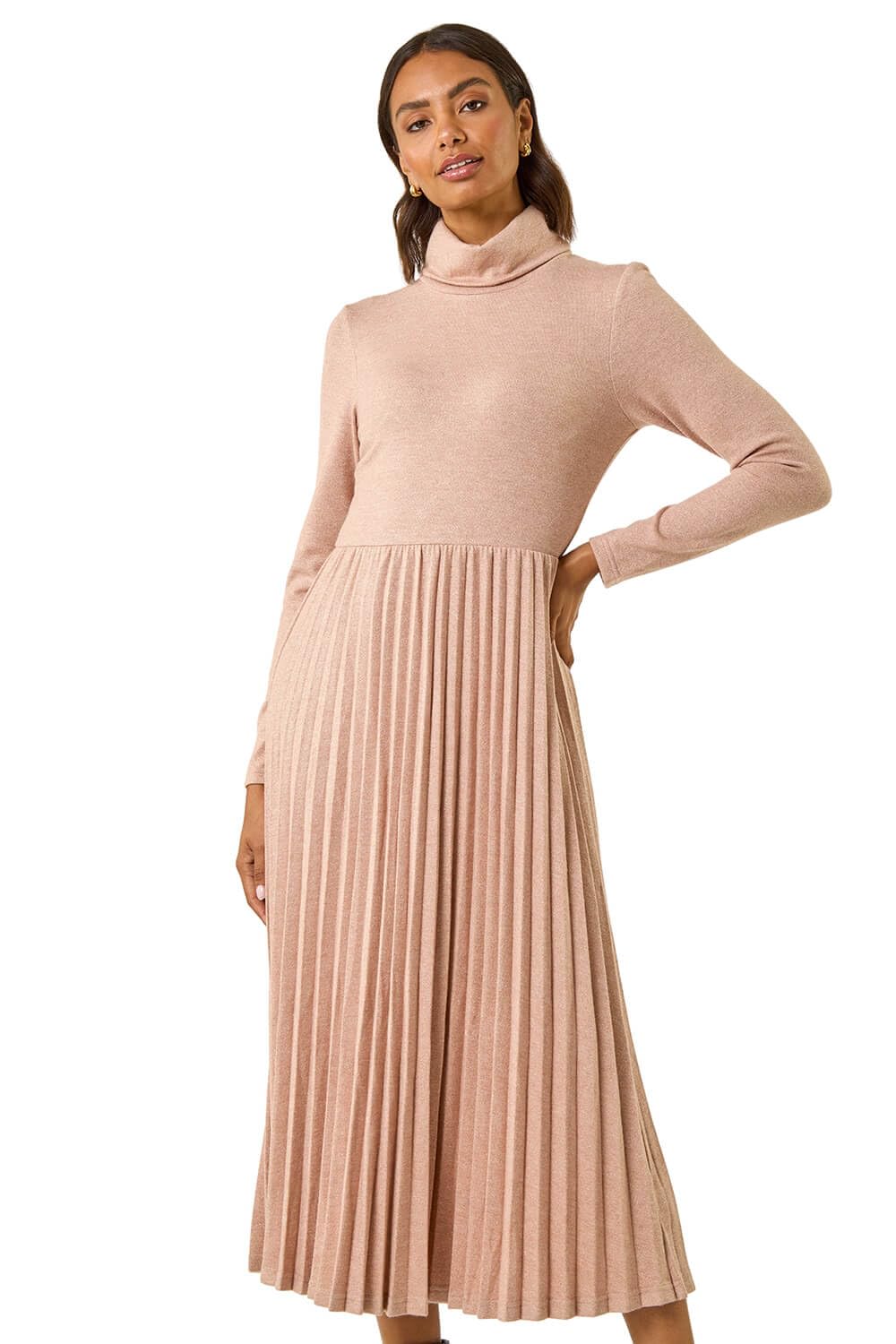 Roman Women's Light Pink High Neck Pleated Midi Dress In | : Size 20