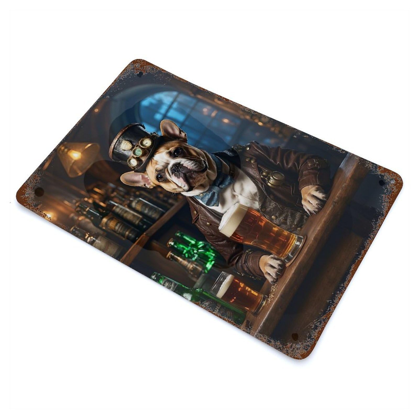 Rust Effect French Bulldog Beer Hound Aged Metal Wall Plaque 11.8"x7.9", Rustic Home Decor for Bistro, Counter And Cafe Decor