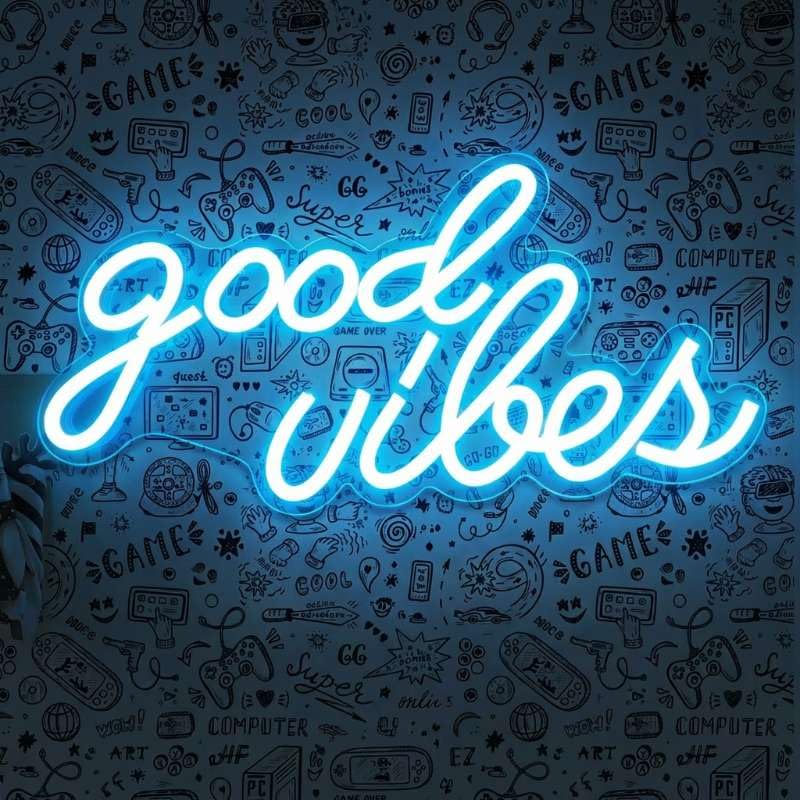 DECANIT Good Vibes Neon Sign Ice Blue, Cool LED Light for Wall Decor, Game Room, Man Cave, Bar, Streamer Setup, USB Powered Gamer Gift, 16.1x8.3 Inch