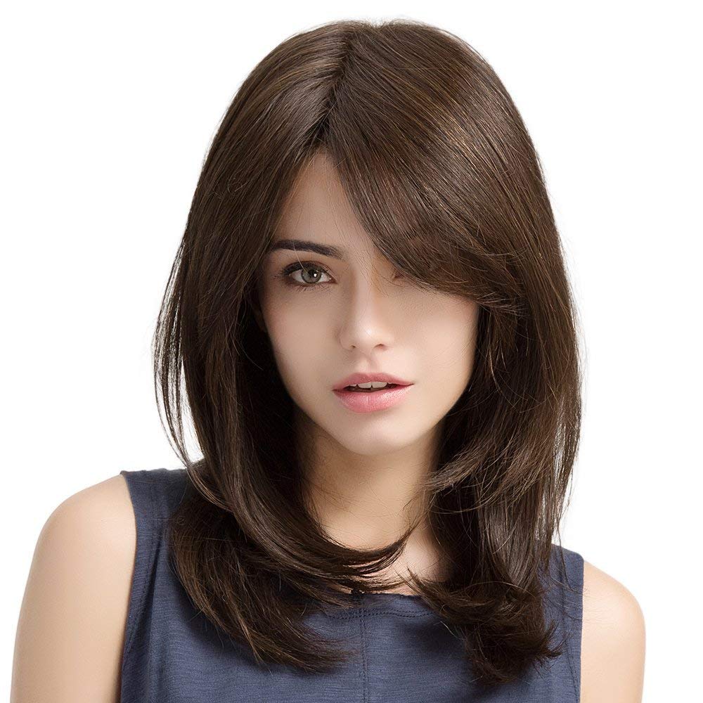 e estelle Fiber Heat Resistant Wig With Bangs for Women Natural Looking Full Wigs for Daily Party Cosplay,Curl,Bodywave, Straight, long, Short (Dark Brown)