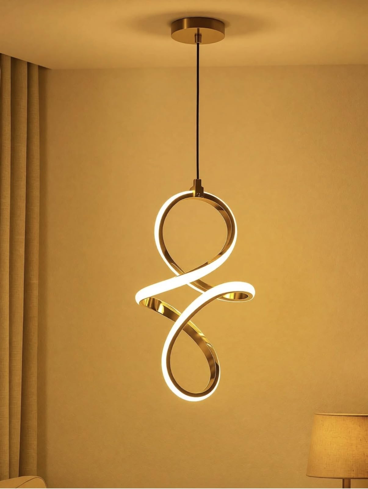 Modern LED Infinity Loop Pendant Light, Gold Swirl Hanging Lamp | Ceiling Mount, Living Room Decor, Artistic Swirl Design, Adjustable Cord-image-46