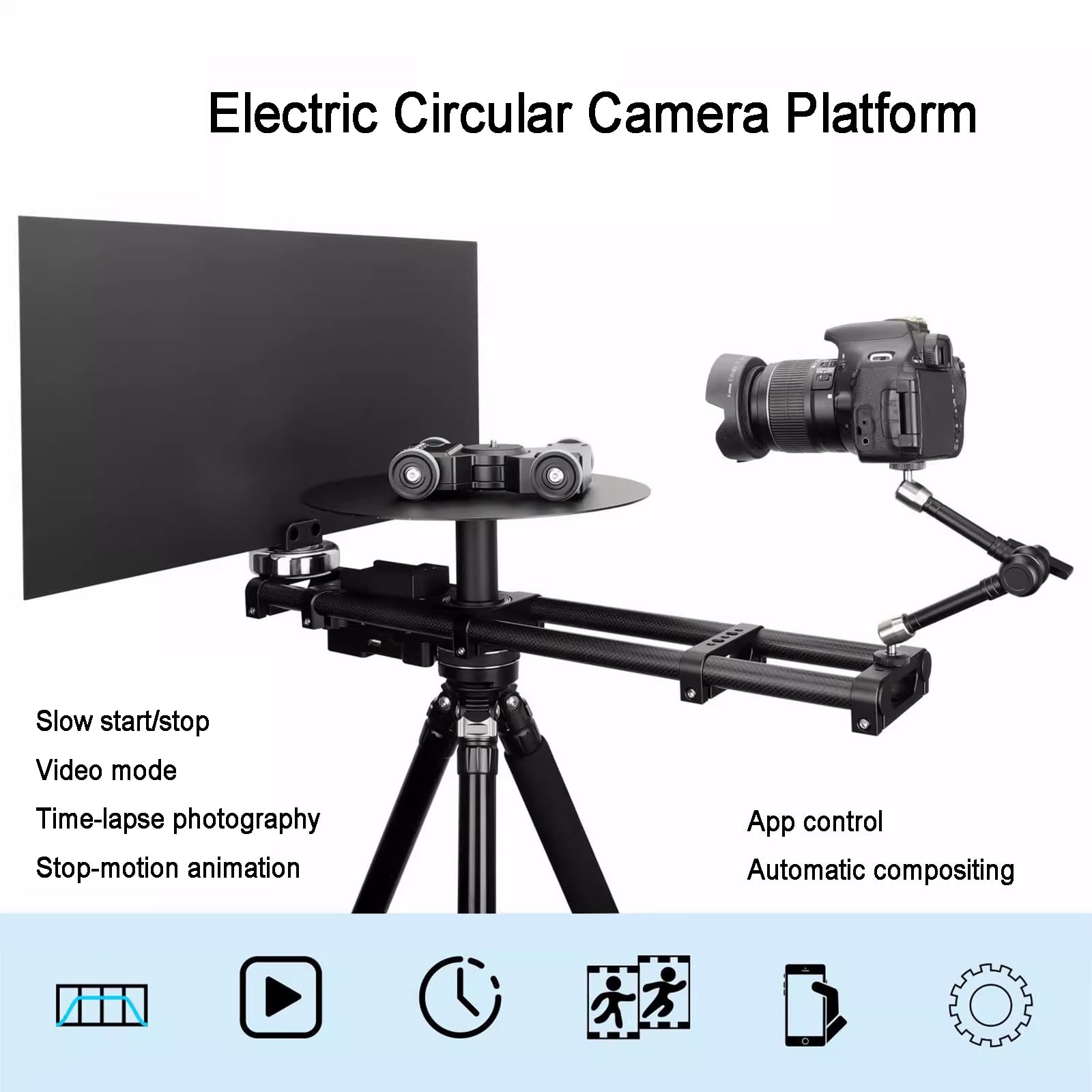 Giradischi motorizzato per cabina fotografica con controllo app, compatibile con fotocamere DSLR e videocamere, treppiede da 12 pollici, filettatura da 1/4" e 3/8", ideale per fotografia time-lapse