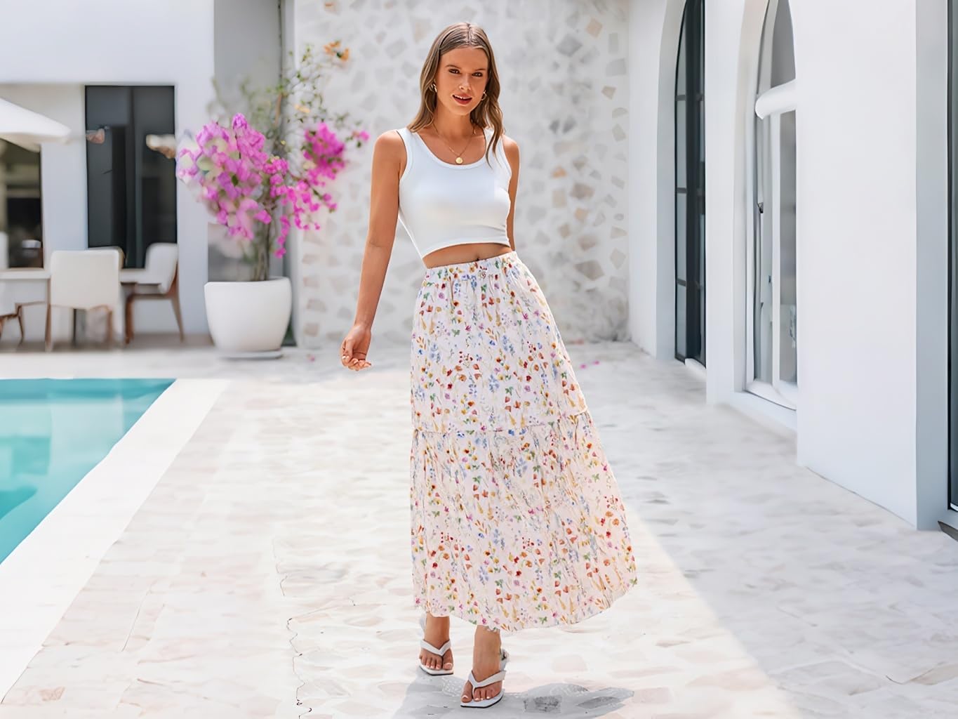 materasu Women's Elastic High Waist Pleated A-Line Flared Floral Maxi Skirts - Image 2