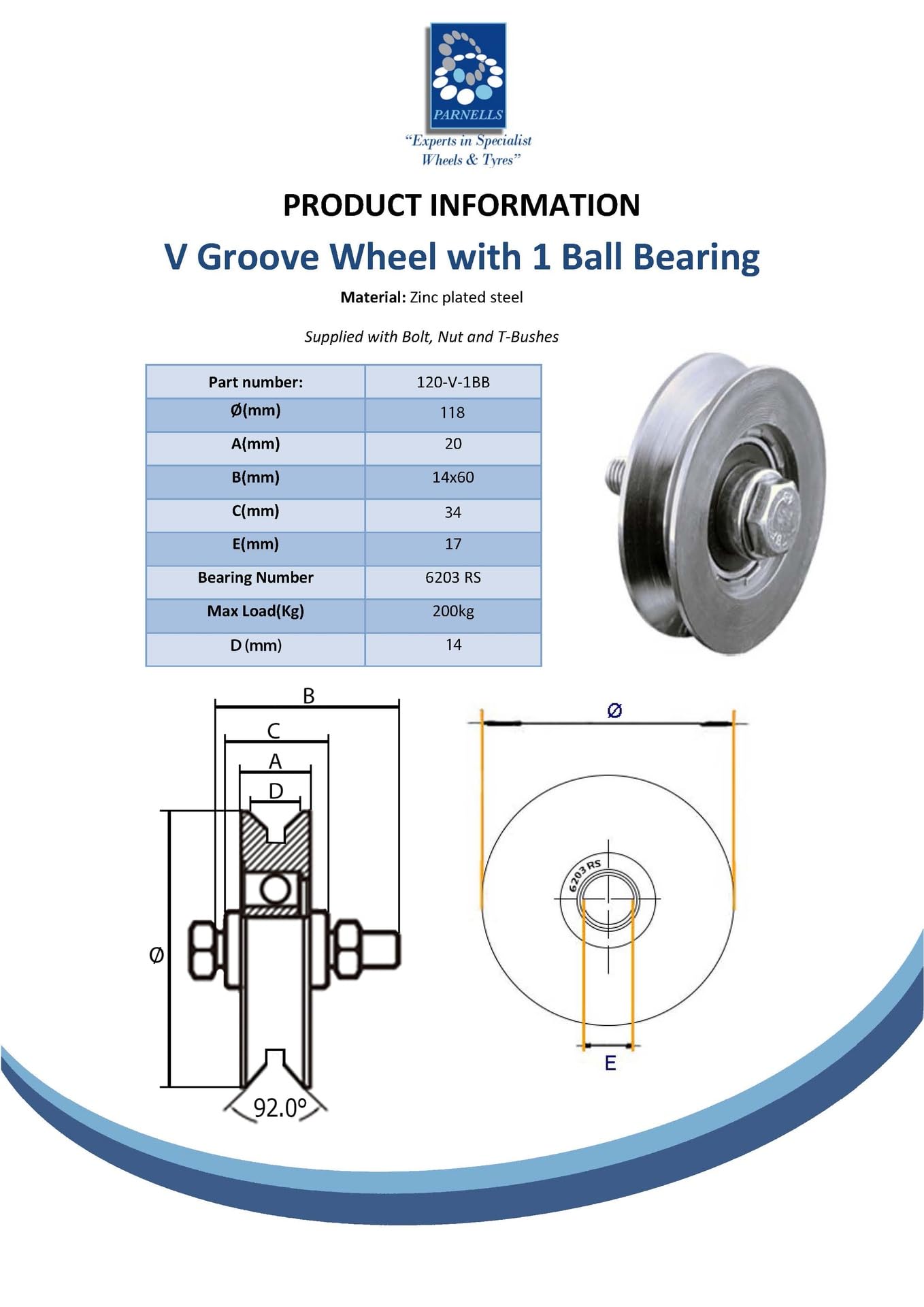 120 mm V-Nut Rad mit 1 Kugellager