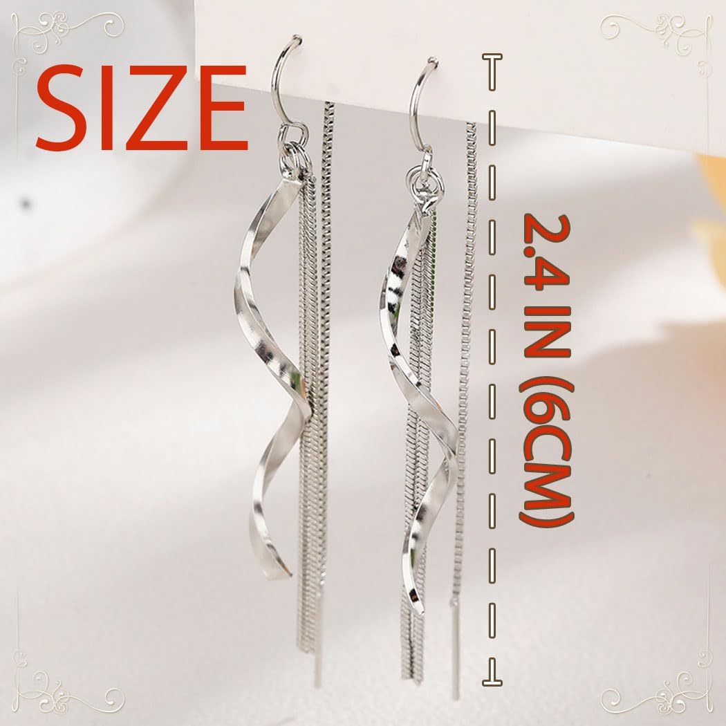 Campsis Silver Threader Earrings, Curve Dangle Earrings, Long Chain Tassel Earring for Women - Image 2