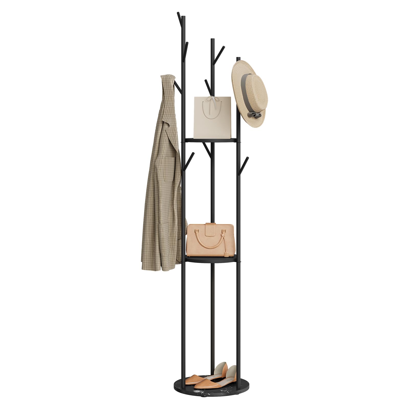 eSituro Appendiabiti, Porta Abiti da Terra a Forma di Albero, con 9 Ganci e 3 Ripiani, Appendiabiti in Metallo con Base in Marmo per Corridoio/Camera da Letto/Ufficio, Nero