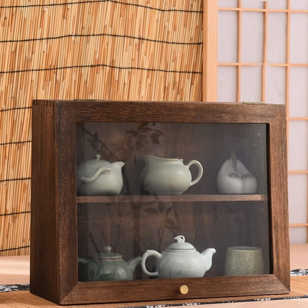 Countertop Display Cabinet Teacup Holder Solid Wood Dustproof Small Antique Shelf Pantry Storage 2 Layer Sideboard(Brown)