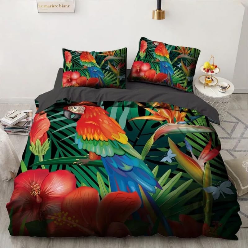 Housse de couette 140x200 perroquet cyan en microfibres 110g/m² avec 2 taies d'oreiller
