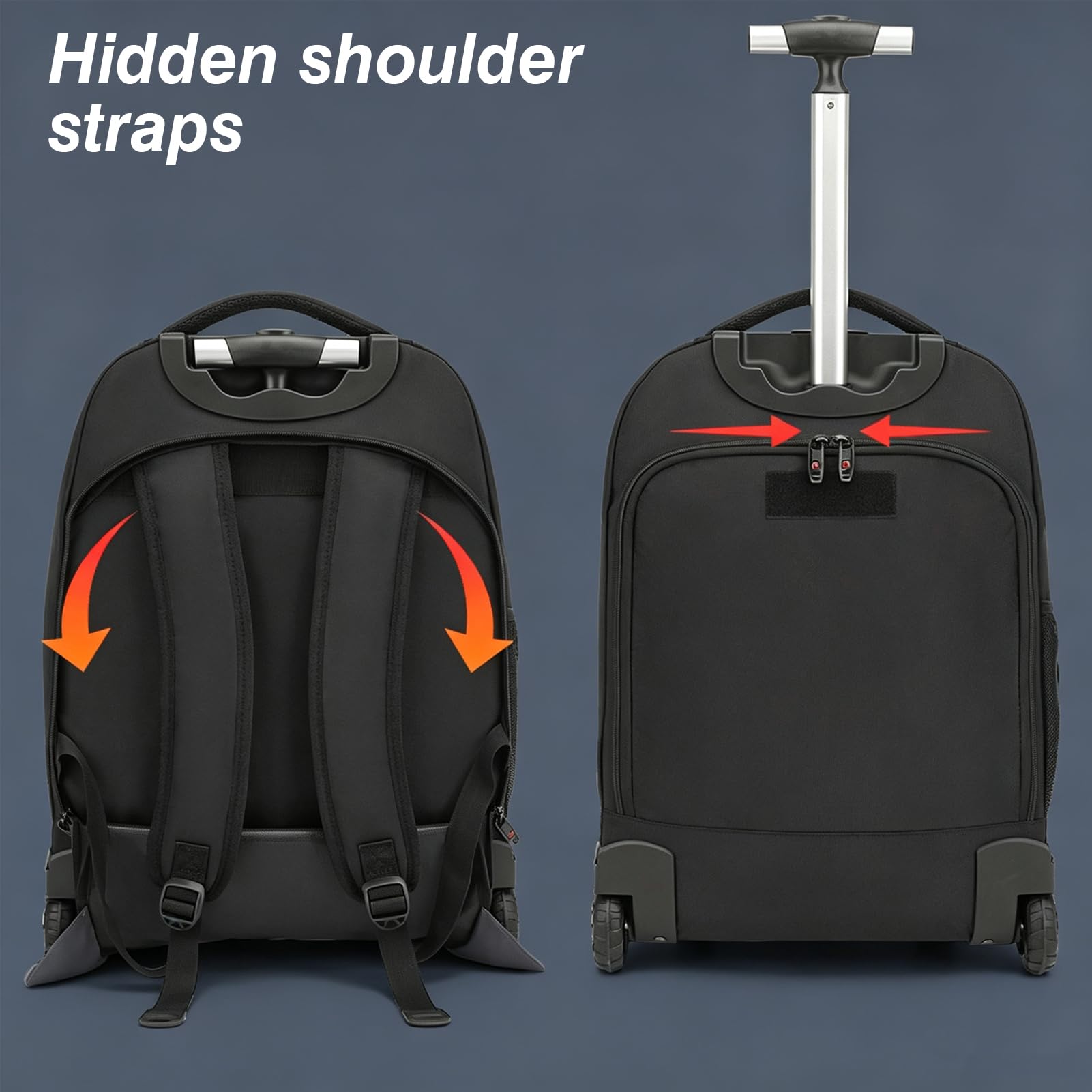 Mochila de Viaje de 50 L con Ruedas, Gran Capacidad, con Ruedas silenciosas y duraderas, Correas Ocultas para Viajes o Negocios,Negro