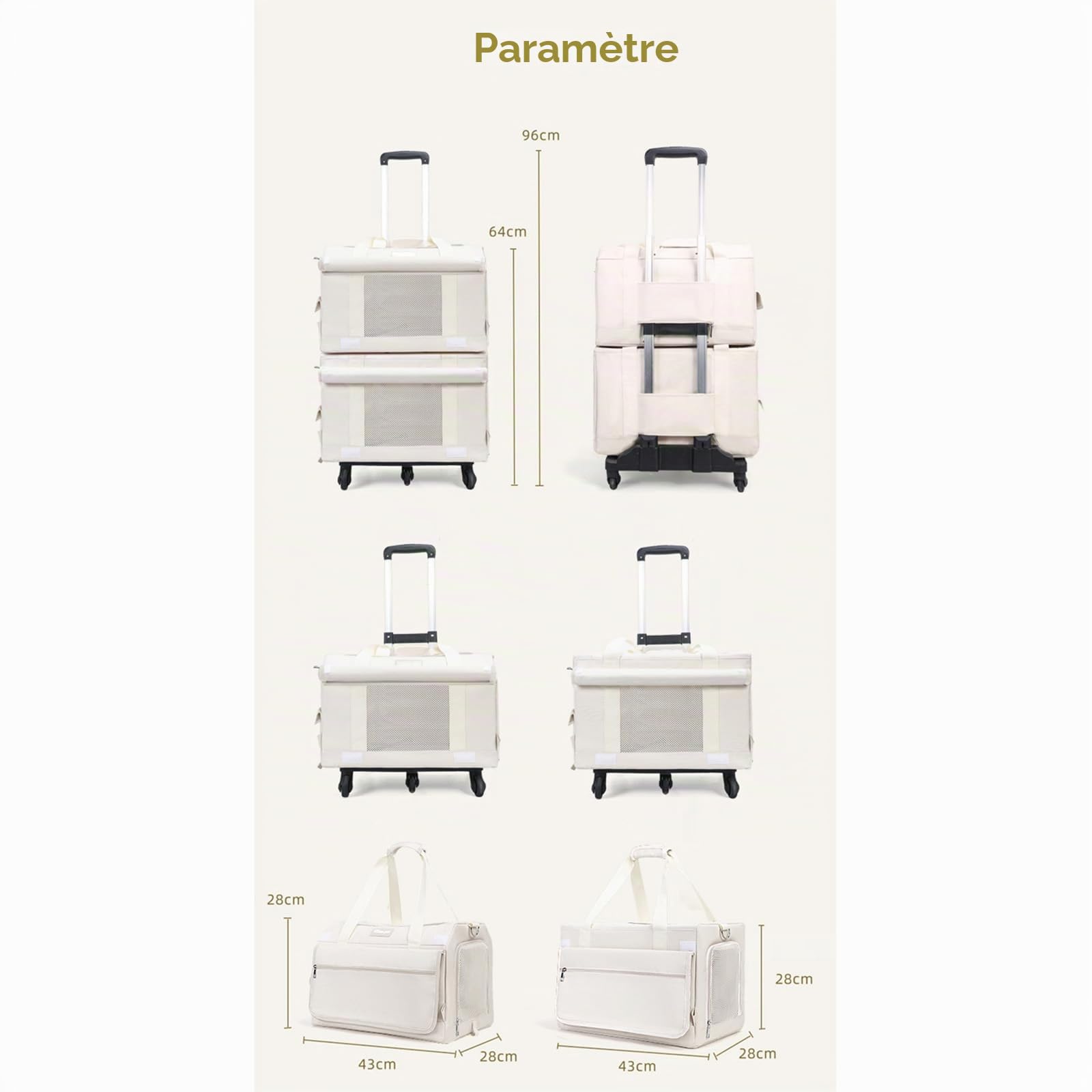 Sac De Transport à roulettes Double Couche pour Animaux De Compagnie avec FenêTres en Filet Et Tapis Amovible pour Deux Chats, Adapté Aux Avions, Au Camping Et à L'ExtéRieur, Blanc (Double Layer)