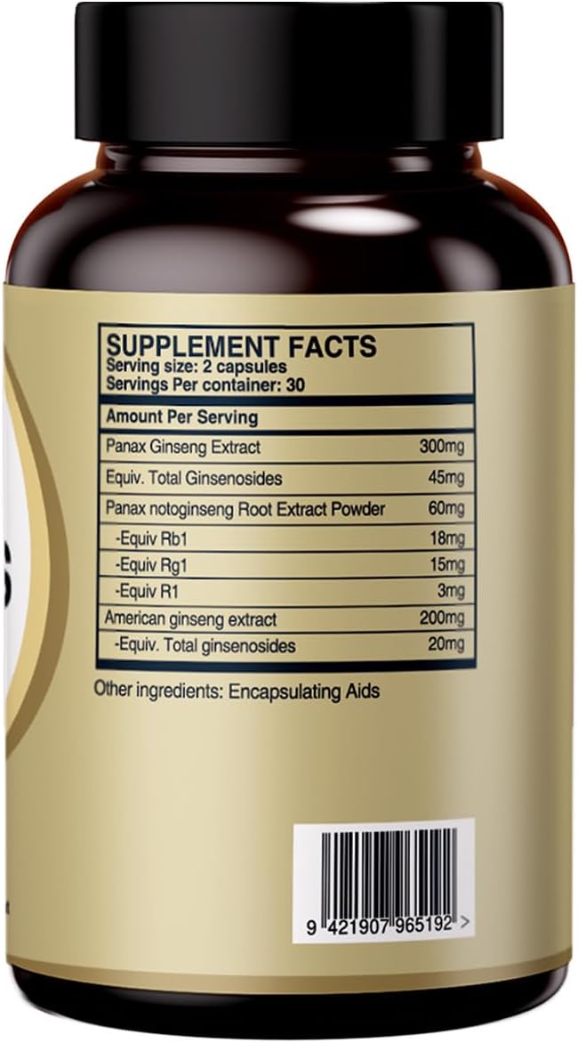 HUJ Panax Ginseng Plus - Ginsenoside Supplement - Contains Panax Ginseng, Panax Notoginseng & American Ginseng - Supports Energy Levels, Immune Function & Overall Health* - 60 Capsules