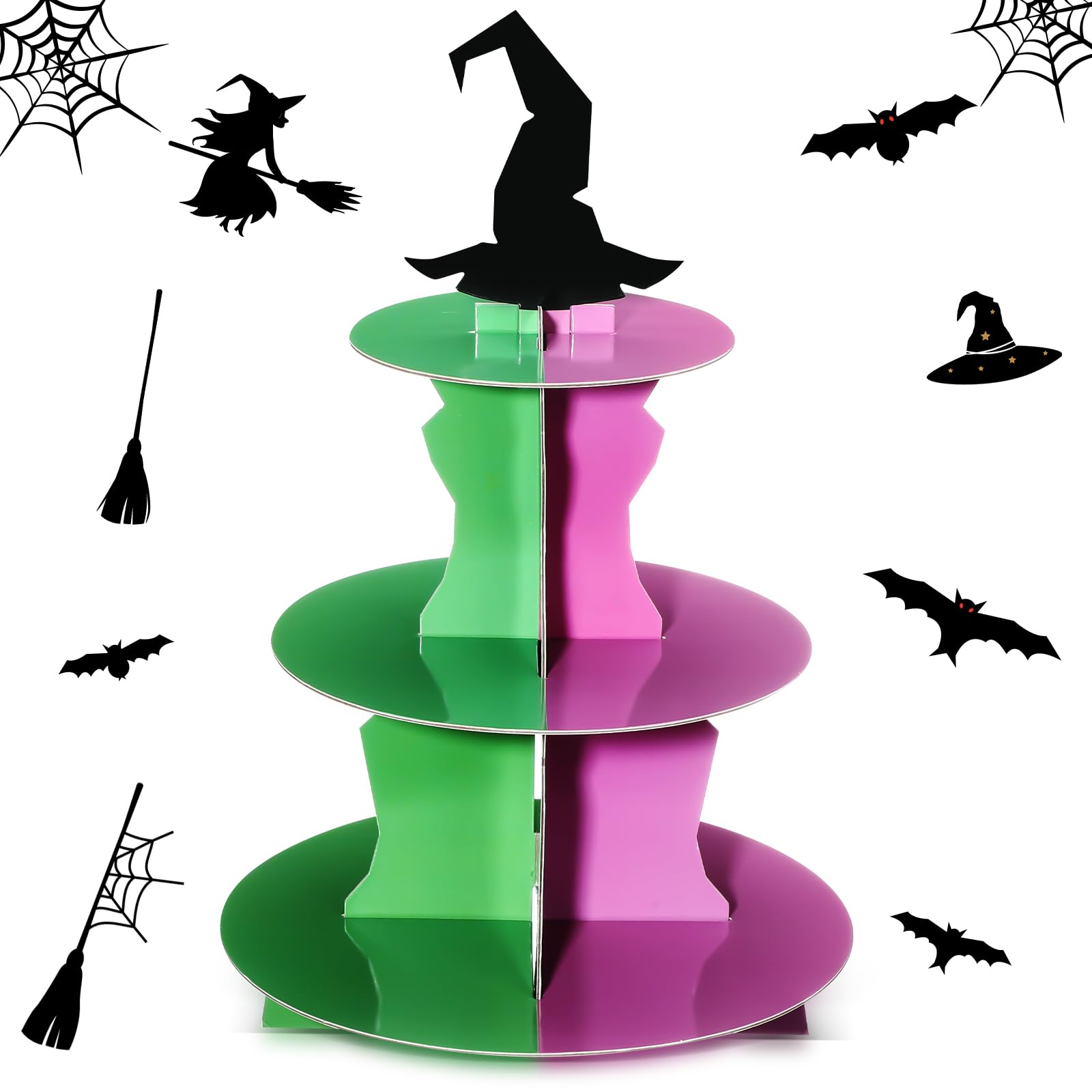 Chunful 3 Tier Pink and Green Cupcake Stand Witch Themed Birthday Party Decoration Halloween Cupcake Holder Round Cardboard Dessert Tower with Topper for Halloween Birthday Party Supplies
