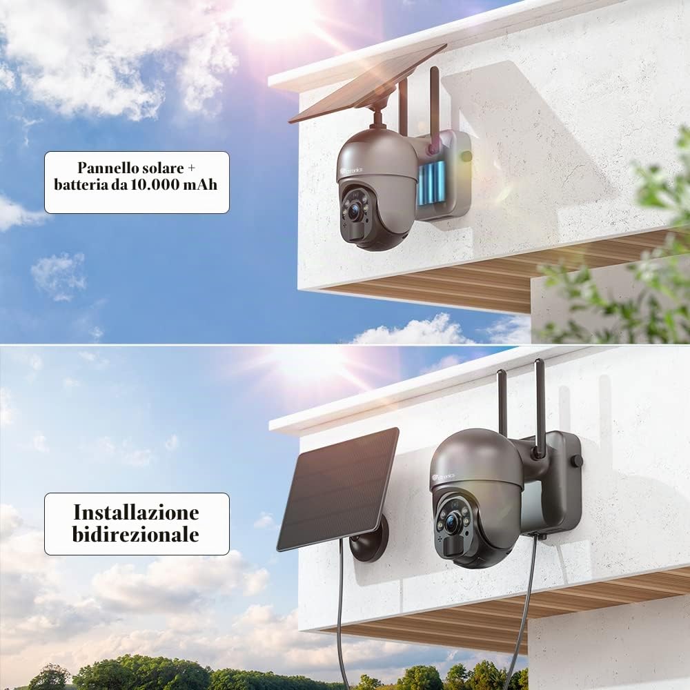 Ctronics 2.5K 4MP Telecamera Wi-fi Esterno con Pannello Solare | 2560 * 1440P, Batteria 355°/90° PTZ, Luce LED Visione Notturna a Colori, Rilevamento Umano PIR, IP66