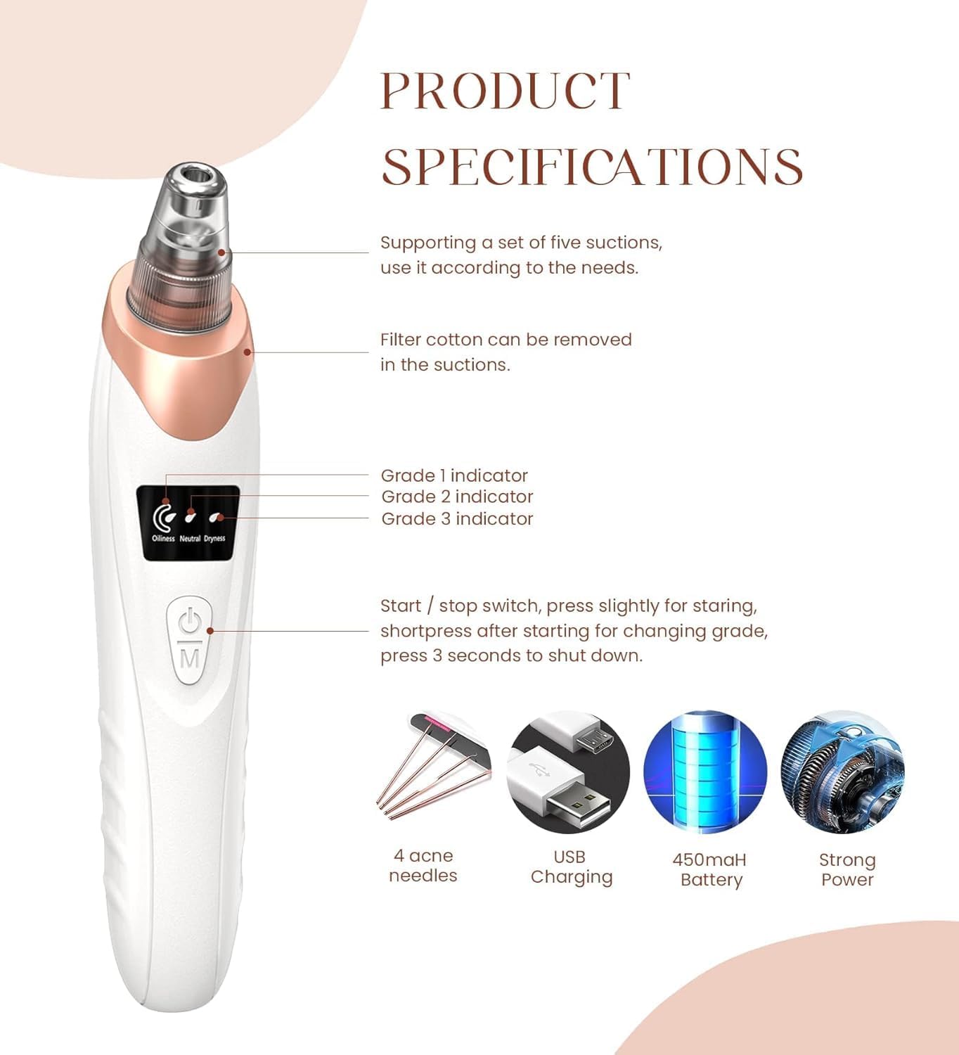 Pore Vacuum Blackhead Remover,Facial Pore Cleaner, 5 Suction Power,5 Probes,USB Rechargeable Blackhead Vacuum Kit, Electric Acne Extractor Tool for Adult - Image 5