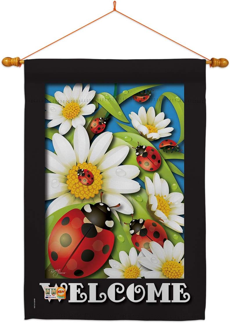 Ladybug Heaven House Flag Dowel Set Garden Friends Butterfly Ladybugs Dragonfly Bee Springtime Insect Natural Wildlife Small Decorative Gift Yard Banner Made In USA 28 X 40