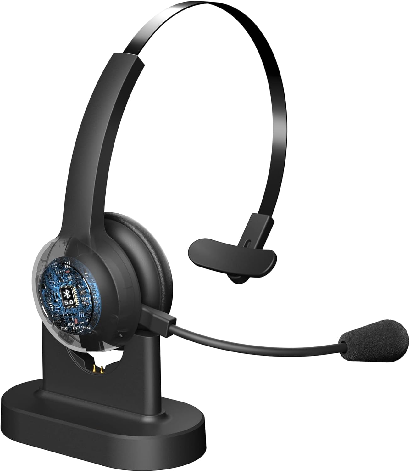 Trucker Bluetooth Headset with Microphone Noise Cancelling & Mute Button Telephone Headsets for PC Cell Phones Wireless On-Ear Headphone with Charge Stand for Zoom Meetings Skype Home Office